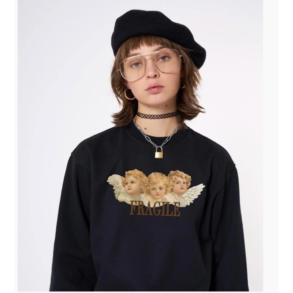 Minga London Tops - Minga London "Fragile" Black Cherub Pullover Sweatshirt Sz S UK 8 Graphic